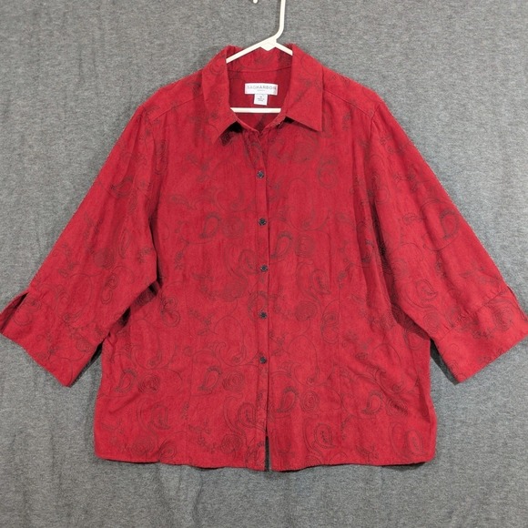 Sag Harbor Tops - Sag Harbor Red Faux Suede Floral Embroidered 3/4 Sleeve Button Down Size 1X